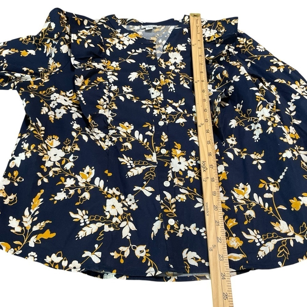 J. Crew Navy Floral Ruffle Blouse Long Sleeve Size L - Picture 9 of 10